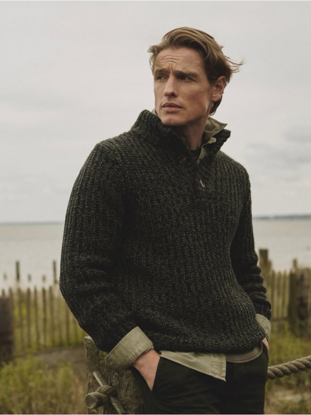 Cabela's Men's Heather Gray Henley Sweater with  Elbow Patches- copy